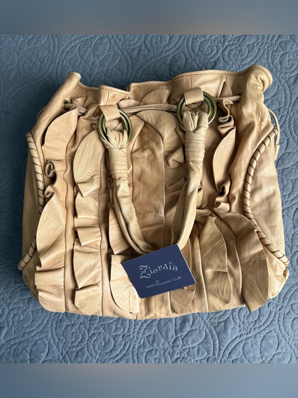 Ziordia Vintage Cream Ruffled Leather Hobo Bag Slouchy - Picture 2 of 7